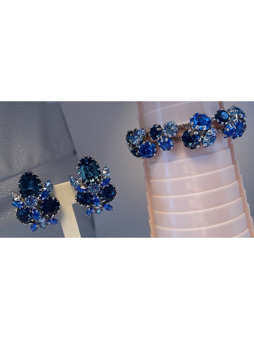 Vtg Blue Glass Rhinestone Bracelet & Earrings Ben Reig 40s Jewelry Shades Of Blu